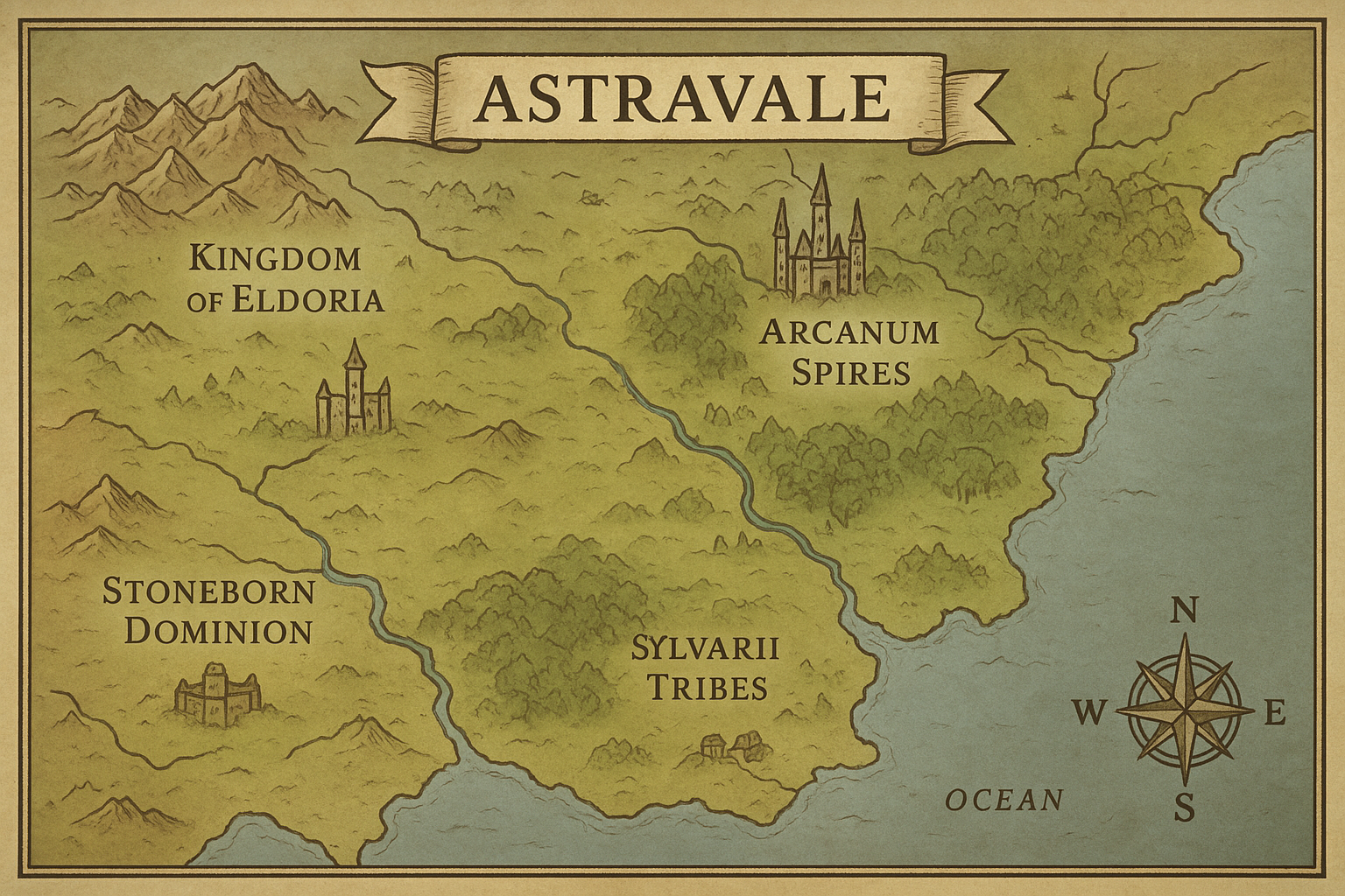 Map of the Realm of Astravale showing the four kingdoms and regions